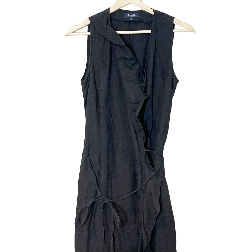 Scapa Womens 100% Linen Ruffle Wrap Midi Dress Size 38 Black Sleeveless - Picture 4 of 10